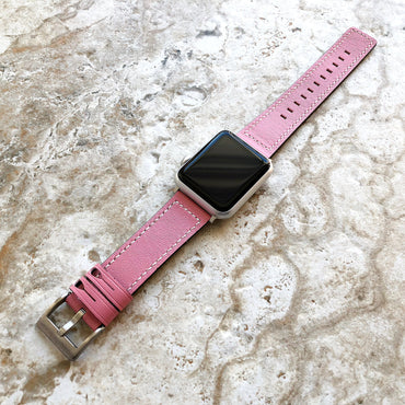 Apple Pink Color Soft Leather Band Strap with White Stitches for iWatch All Series 38mm 40mm 41mm 42mm 44mm 45mm 49mm Case Edition