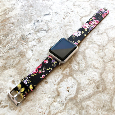 Apple iWatch Red Black Floral FL-5 Band Straps for All Series 38mm 40mm 41mm 42mm 44mm 45mm 49mm Case Soft Leather Bracelet Ready to Attach