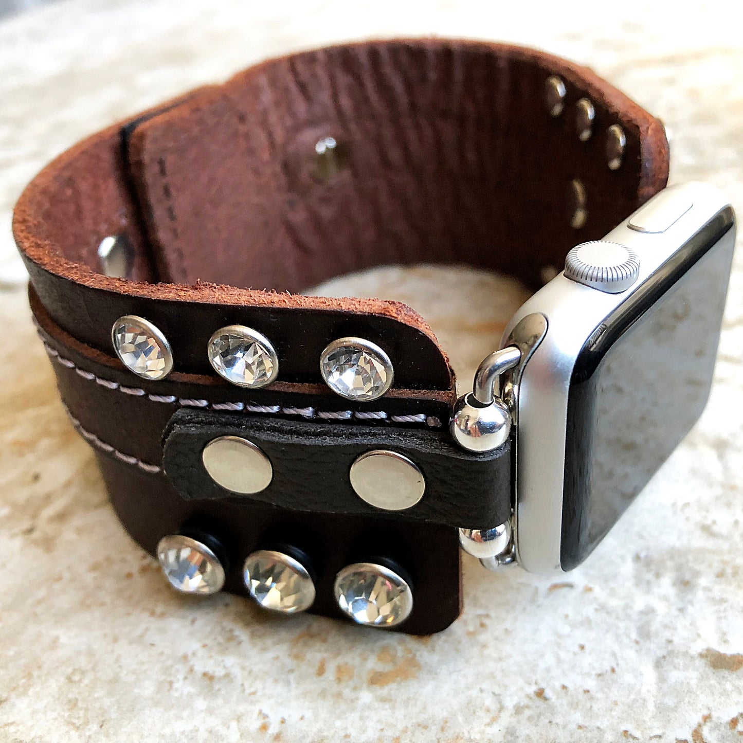 Apple Band Crystals on Brown Genuine Leather for iWatch Ultra 2 9 8 7 SE 6 5 4 3 2 1 Strap Bracelet 38mm 40mm 41mm 42mm 44mm 45mm 49mm Case