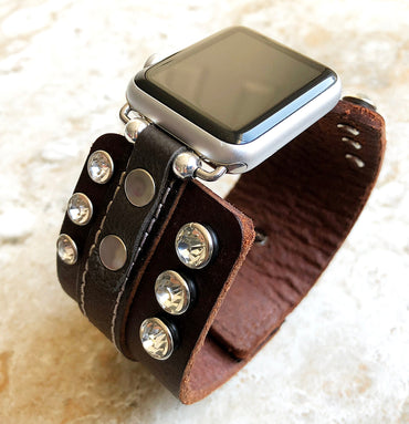 Apple Band Clear Crystals on Brown Genuine Leather for iWatch Ultra 2 and 1 49mm and 9 8 Series 41mm 45mm Case Handmade Strap Bracelet