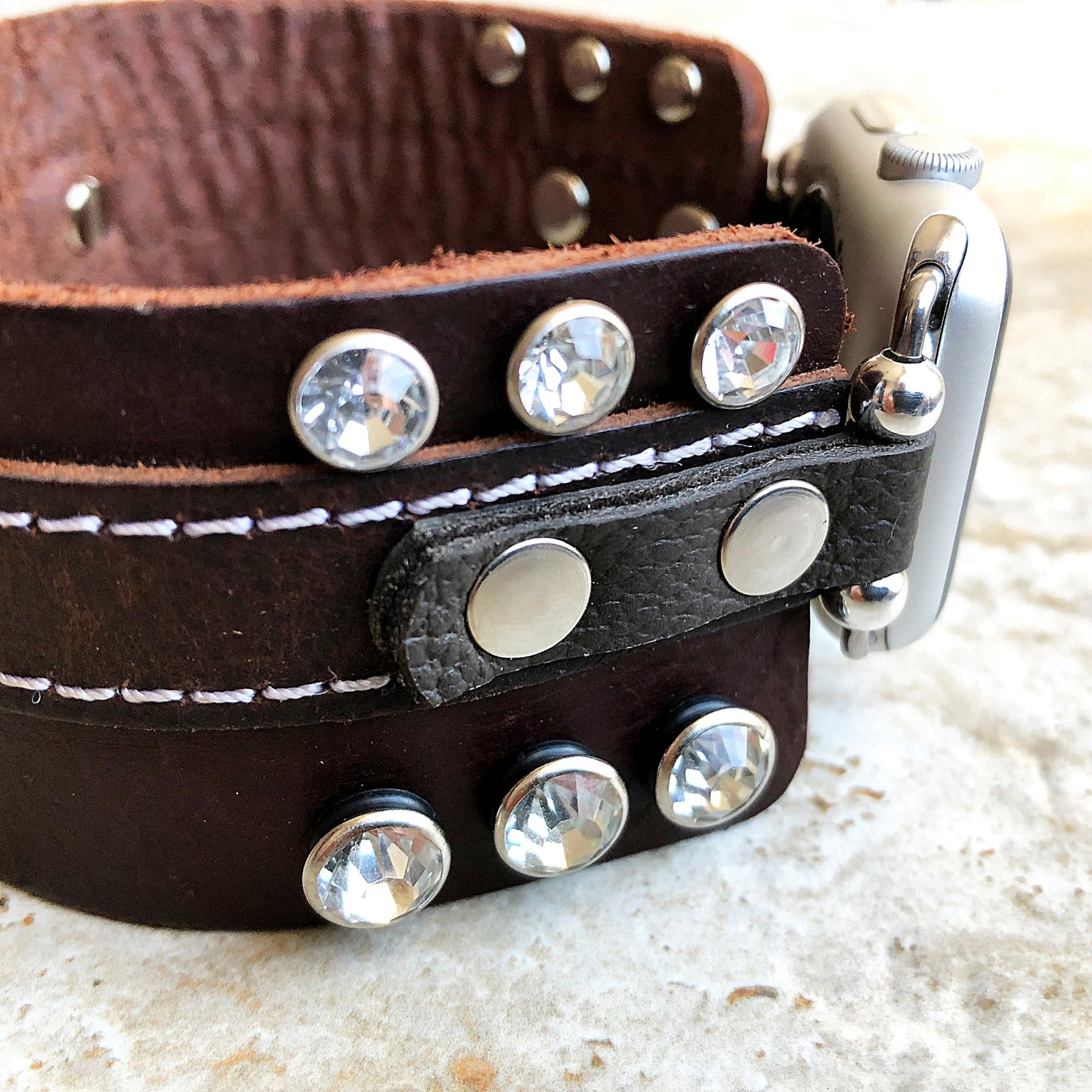 Apple Band Clear Crystals on Brown Genuine Leather for iWatch Ultra 2 and 1 49mm and 9 8 Series 41mm 45mm Case Handmade Strap Bracelet