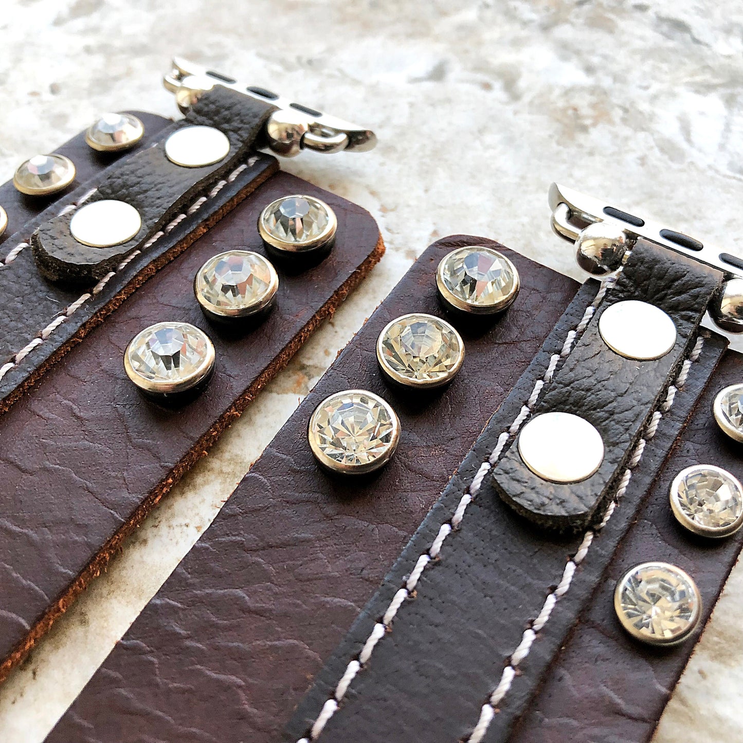 Apple Band Clear Crystals on Brown Genuine Leather for iWatch Ultra 2 and 1 49mm and 9 8 Series 41mm 45mm Case Handmade Strap Bracelet