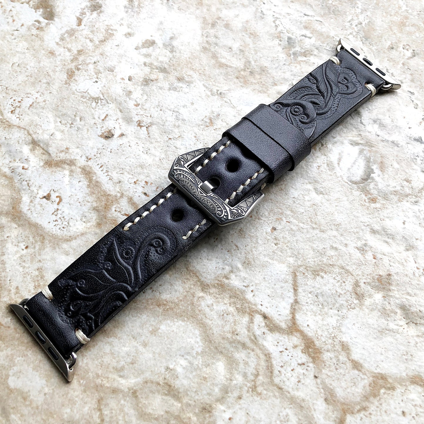 Apple Watch Ultra 2 and 9 8 Series Band for iWatch 41mm 45mm 49mm Case Black Gray Tooled Embossed Handmade Genuine Leather Strap Bracelet