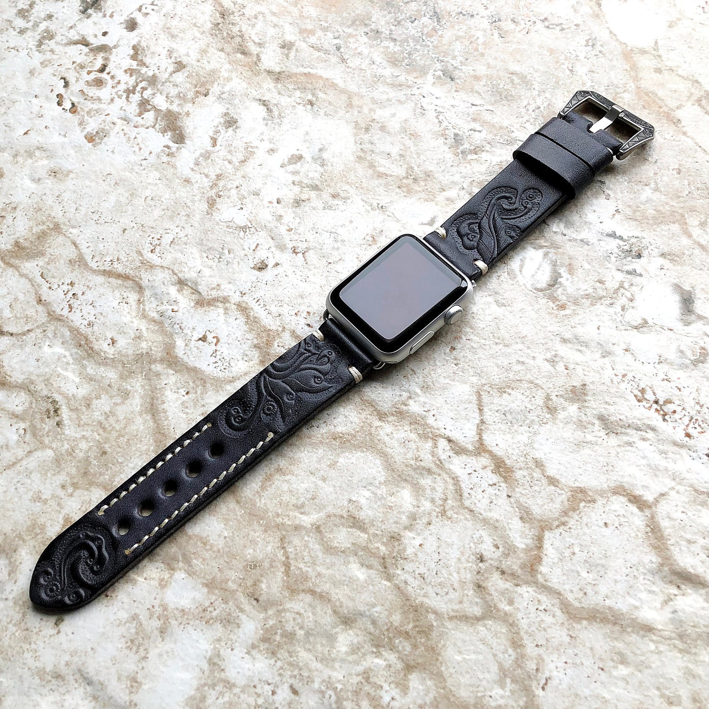 Apple Watch Ultra 2 and 9 8 Series Band for iWatch 41mm 45mm 49mm Case Black Gray Tooled Embossed Handmade Genuine Leather Strap Bracelet