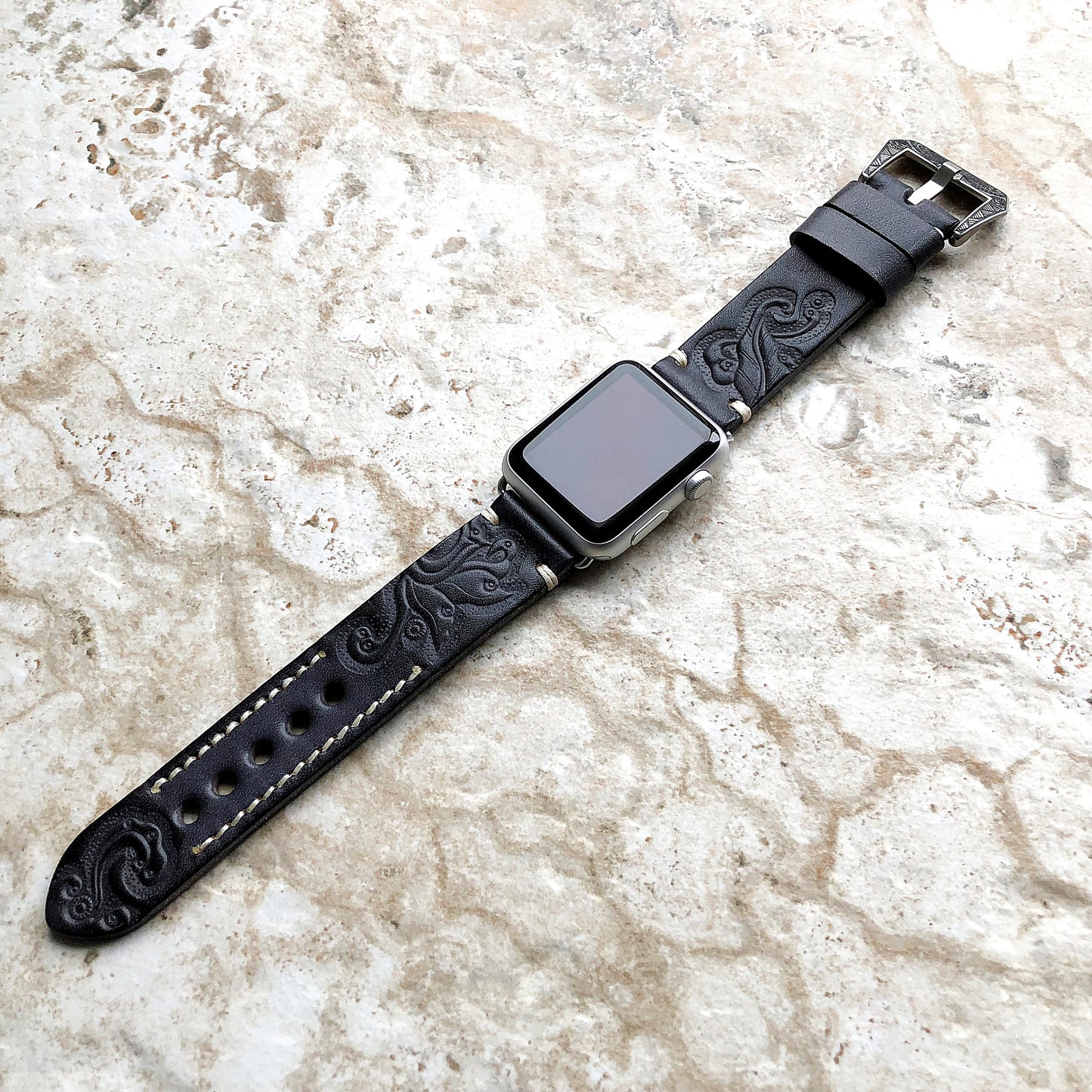 Apple Watch Black Gray Tooled Leather Band for iWatch Ultra 2 49mm and 9 8 Series 41mm 45mm Case Bracelet Tooled Embossed Handmade Strap