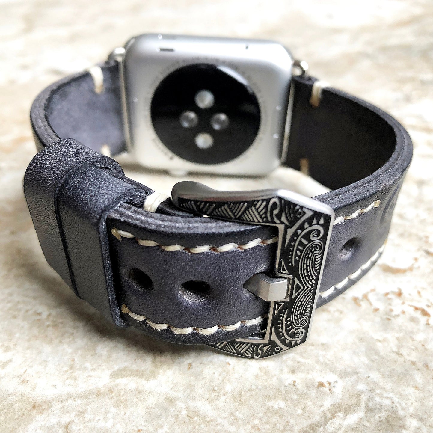 Apple Watch Ultra 2 and 9 8 Series Band for iWatch 41mm 45mm 49mm Case Black Gray Tooled Embossed Handmade Genuine Leather Strap Bracelet