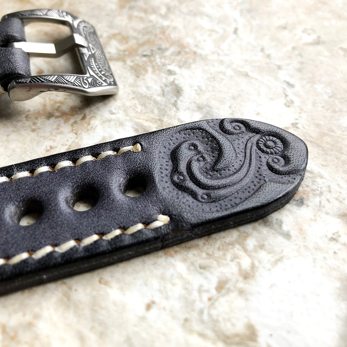 Apple Watch Ultra 2 and 9 8 Series Band for iWatch 41mm 45mm 49mm Case Black Gray Tooled Embossed Handmade Genuine Leather Strap Bracelet