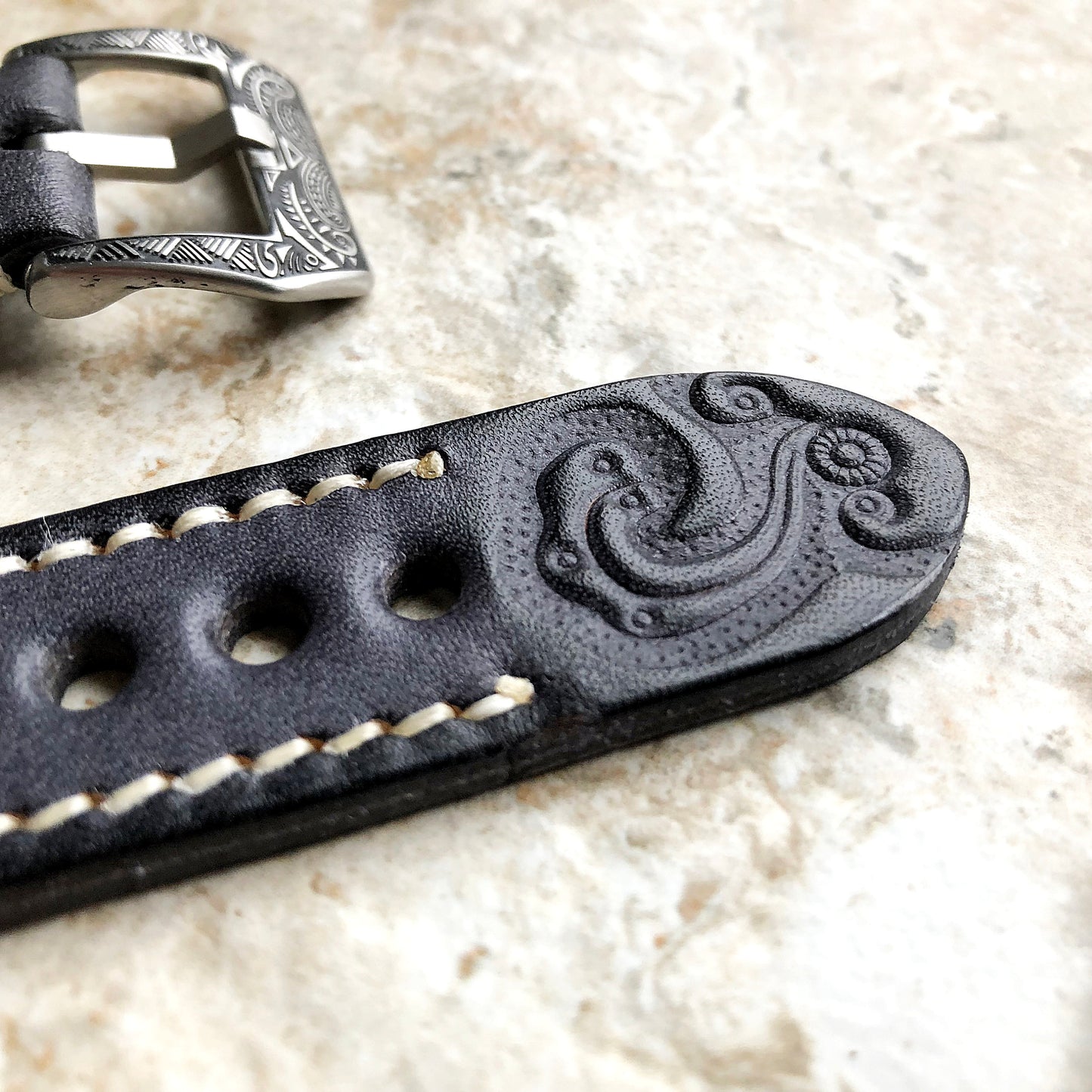 Apple Watch Black Gray Tooled Leather Band for iWatch Ultra 2 49mm and 9 8 Series 41mm 45mm Case Bracelet Tooled Embossed Handmade Strap