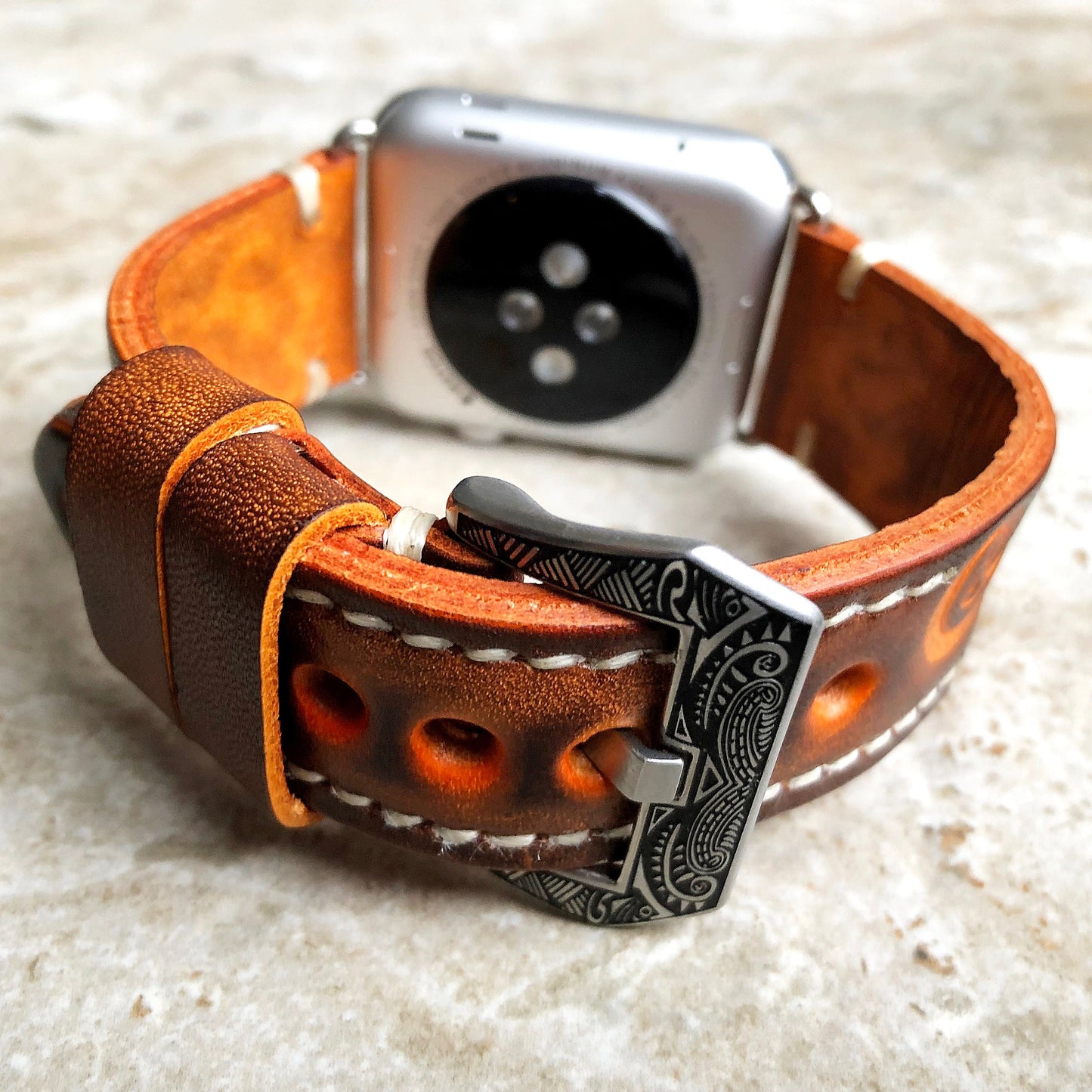 Apple Watch All Series Brown Orange Tooled Band for iWatch 38mm 40mm 41mm 42mm 44mm 45mm 49mm Case Bracelet Embossed Handmade Leather Strap