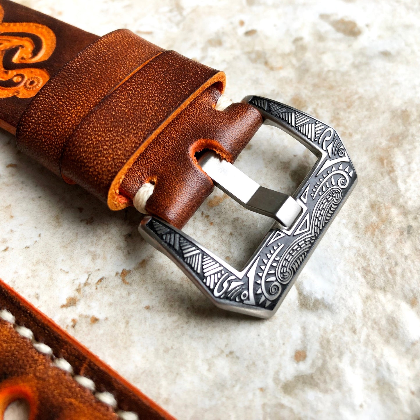 Apple Watch All Series Brown Orange Tooled Band for iWatch 38mm 40mm 41mm 42mm 44mm 45mm 49mm Case Bracelet Embossed Handmade Leather Strap