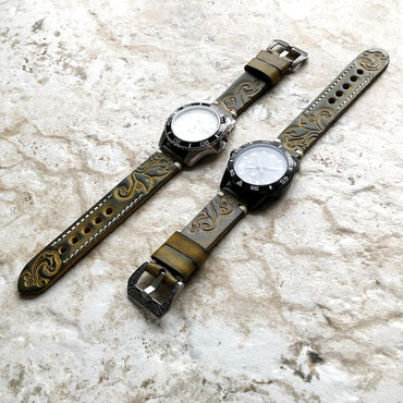 Green and Yellow 18mm 20mm 22mm 24mm Tooled Embossed Handmade Premium Leather Band Strap Bracelet Watch Kit for Watches - Pins Buckle Tool