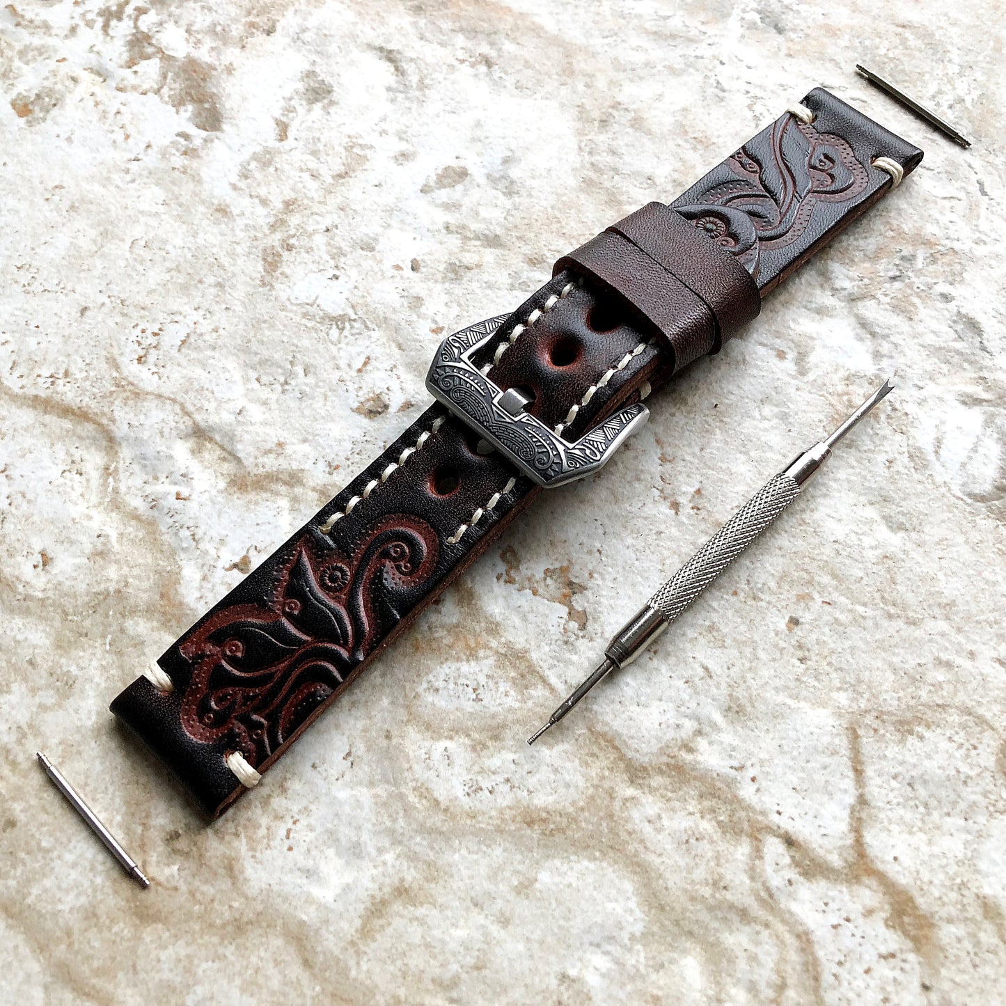 Dark Brown Leather Band for Samsung Galaxy Watch 3 Active 2 40mm 41mm 42mm 44mm Case Tooled Embossed Bracelet Wristband Strap Pins Tool B20