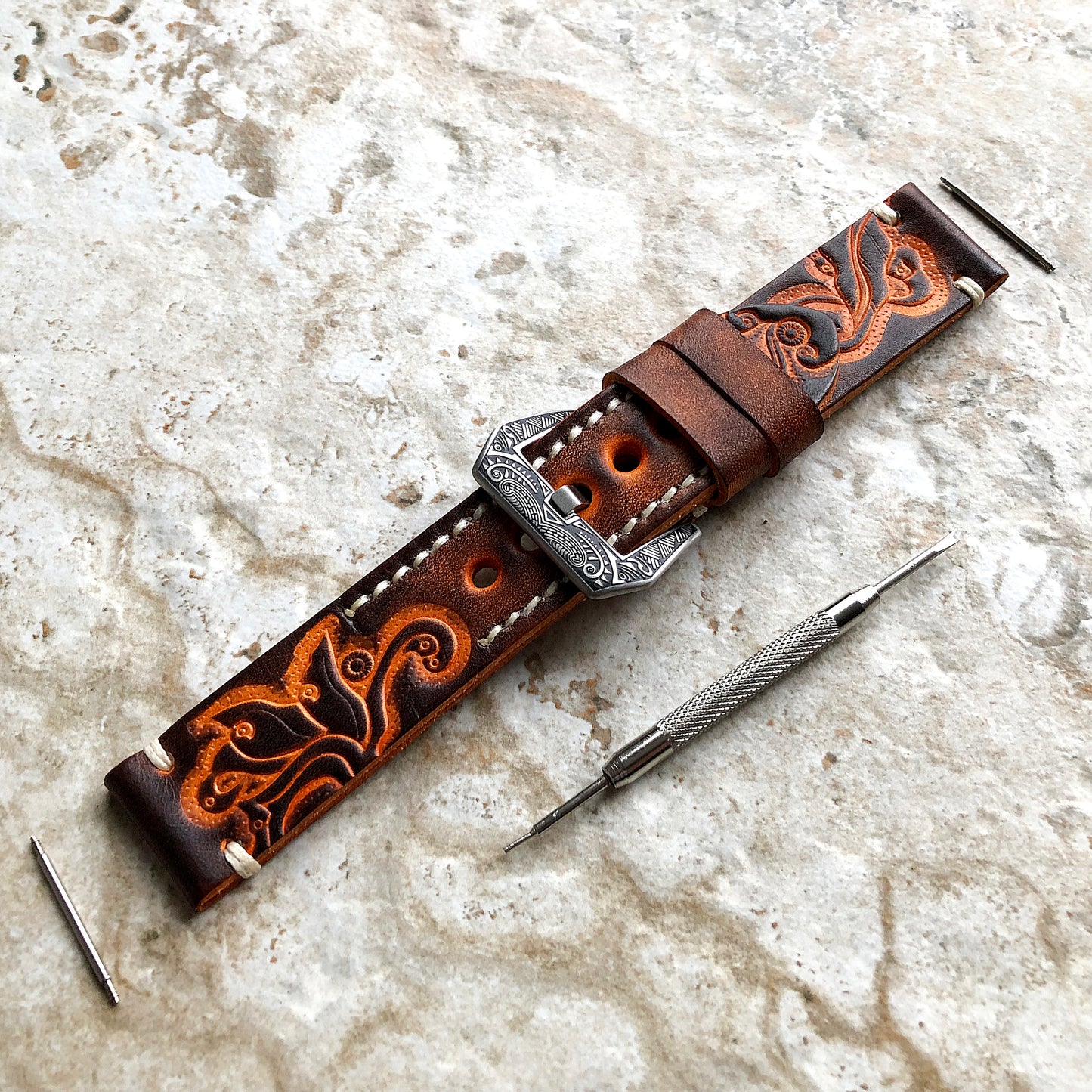 Brown & Orange Leather Band Samsung Galaxy Watch 3 Active 2 40mm 41mm 42mm 44mm Case Tooled Embossed Bracelet Wristband Strap Pins Tool B20