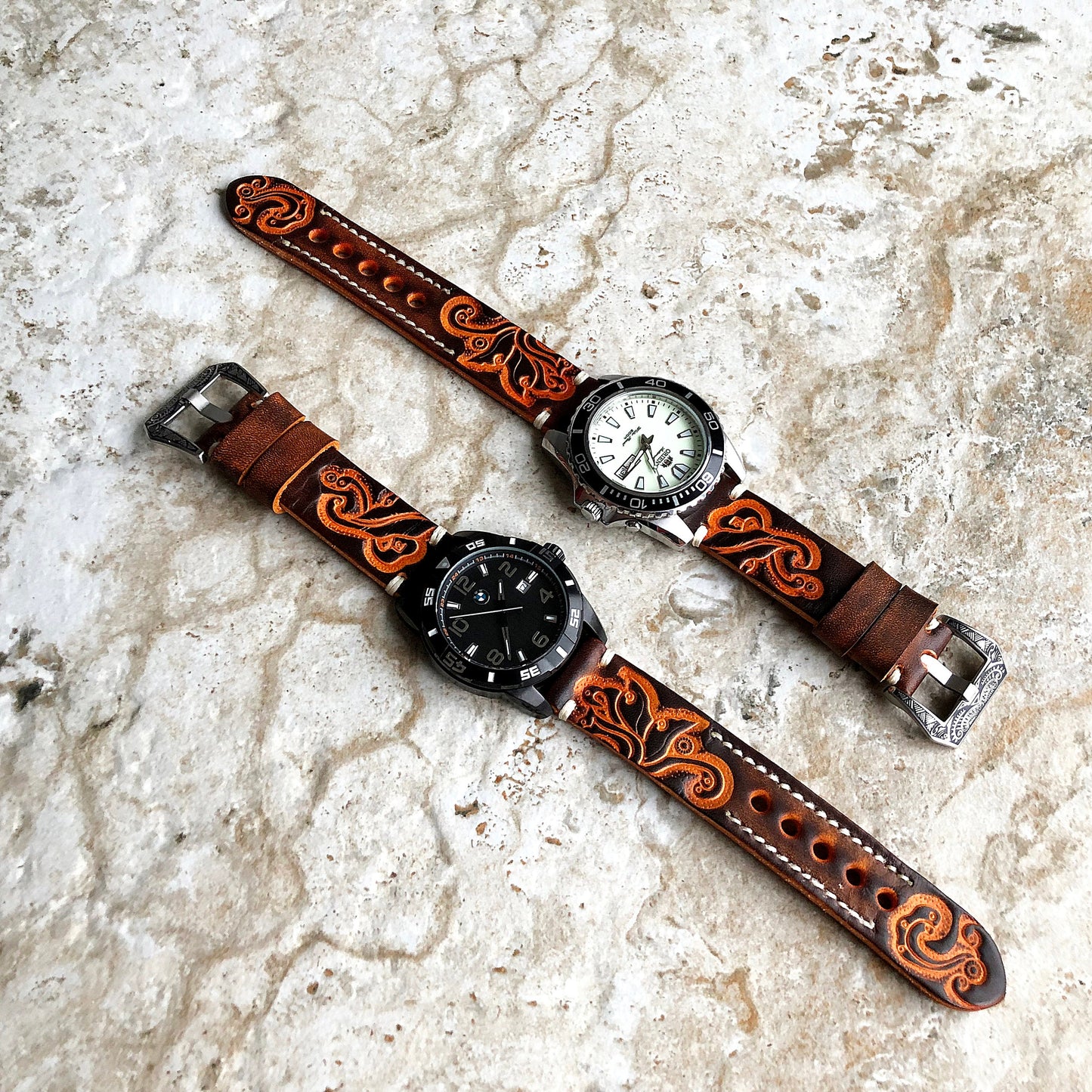Garmin Brown Orange Band for Vivoactive 5 3 and Music (Verizon) too Tooled Embossed Handmade Premium Leather Bracelet Pins Buckle Tool B20