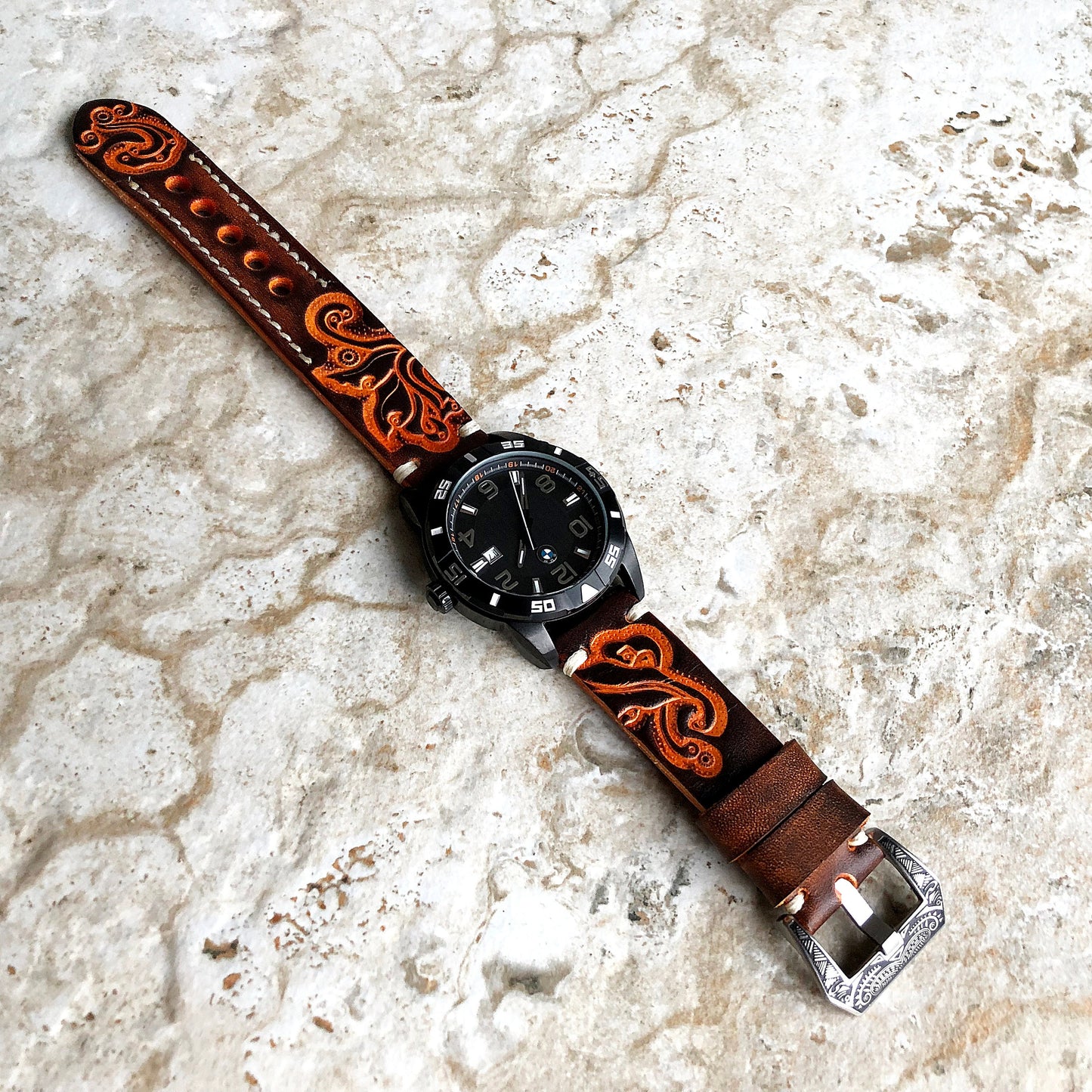 Garmin Brown Orange Band for Vivoactive 5 3 and Music (Verizon) too Tooled Embossed Handmade Premium Leather Bracelet Pins Buckle Tool B20