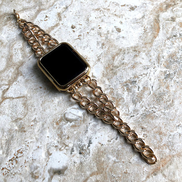 Apple Watch Gold Color Two Tones CB Bracelet Band Chains Link for iWatch Ultra 2 49mm and 9 8 Series 41mm 45mm Case Handmade Jewelry Strap