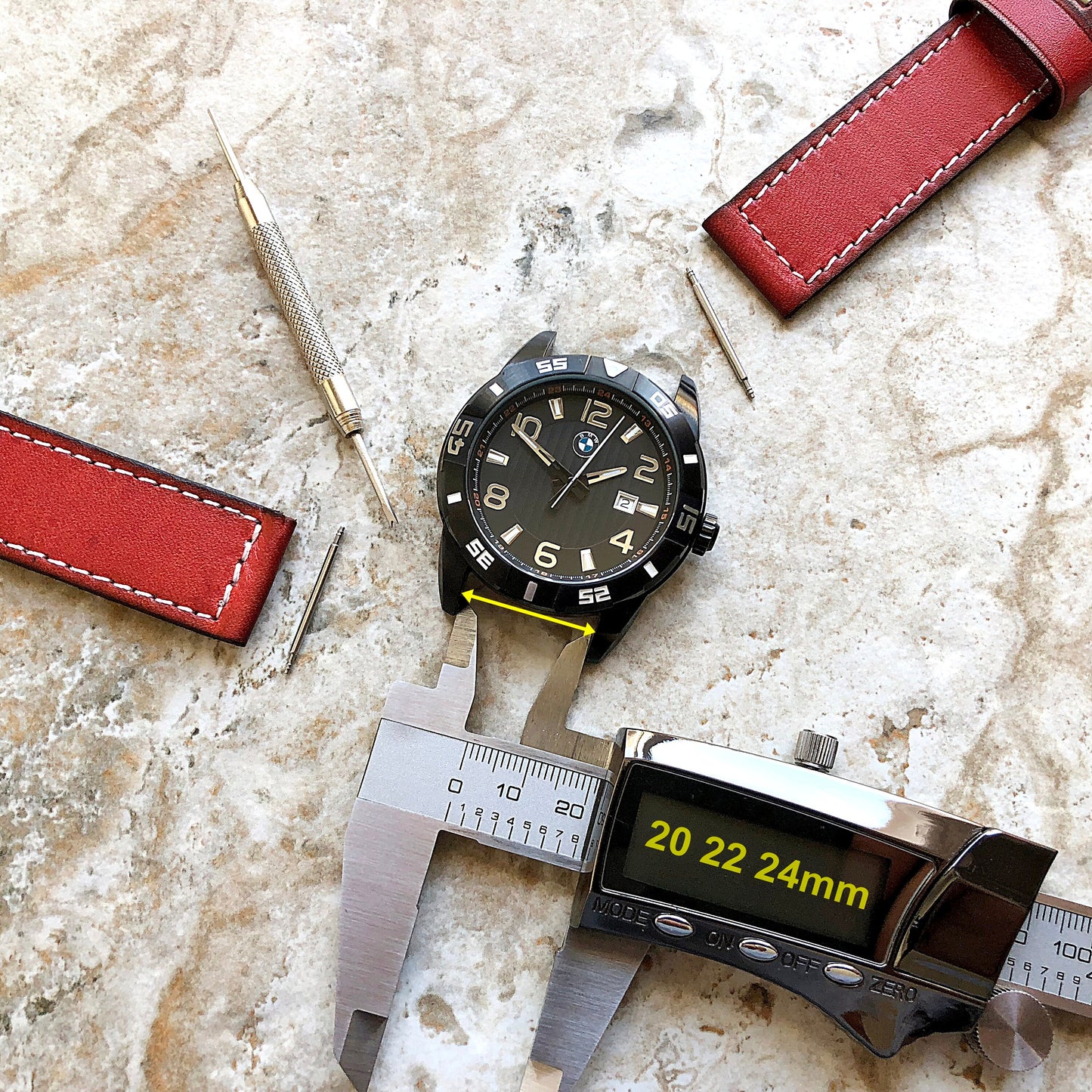Red Brushed Color Band 18mm 19mm 20mm 21mm 22mm 23mm 24mm 25mm Width Double Sided Stitched Leather Watch Strap for Watches -Pins Buckle Tool