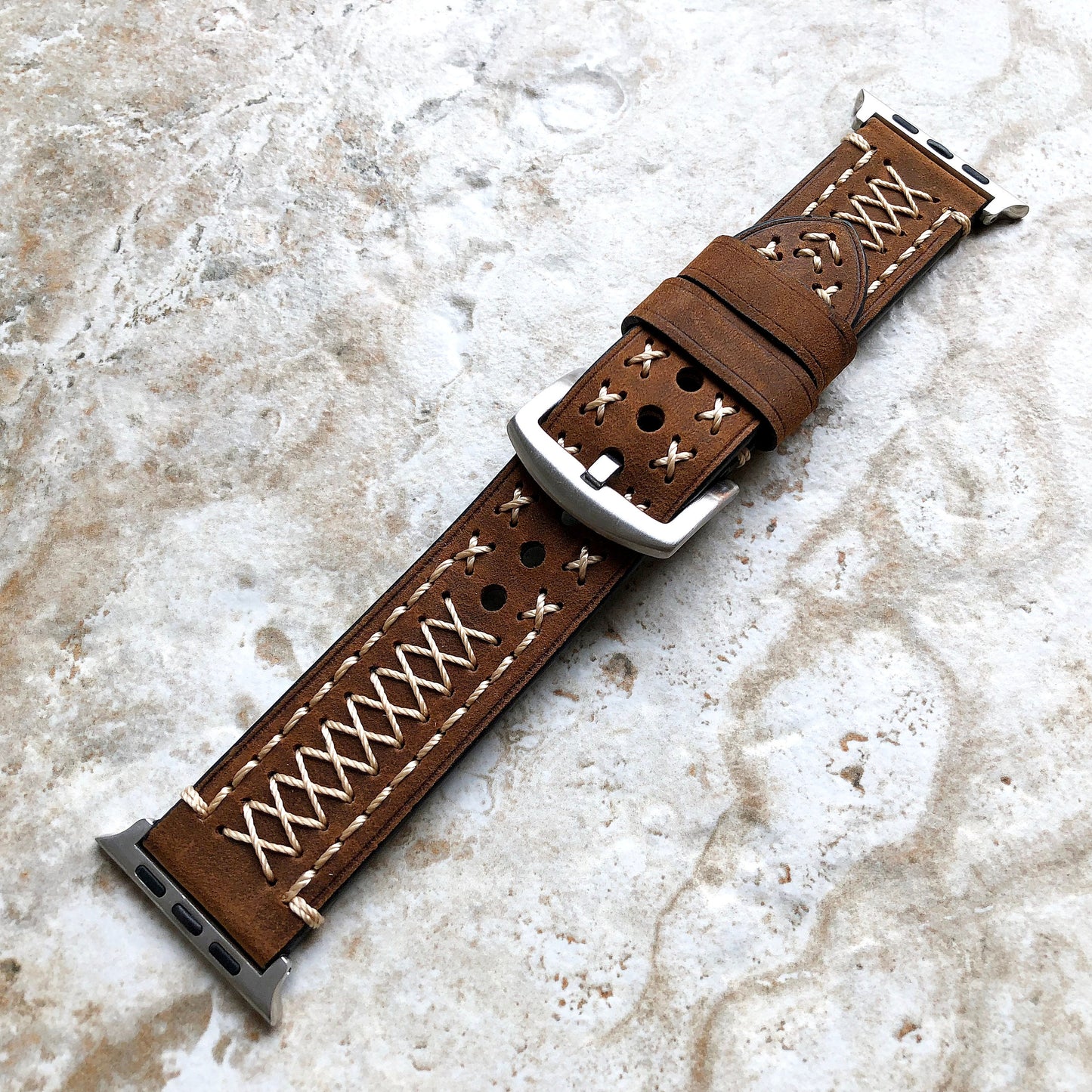 Apple Brown Soft Thick Leather Band for iWatch All Series 38mm 40mm 41mm 42mm 44mm 45mm 49mm Edition Strap Bracelet Stitched Details X