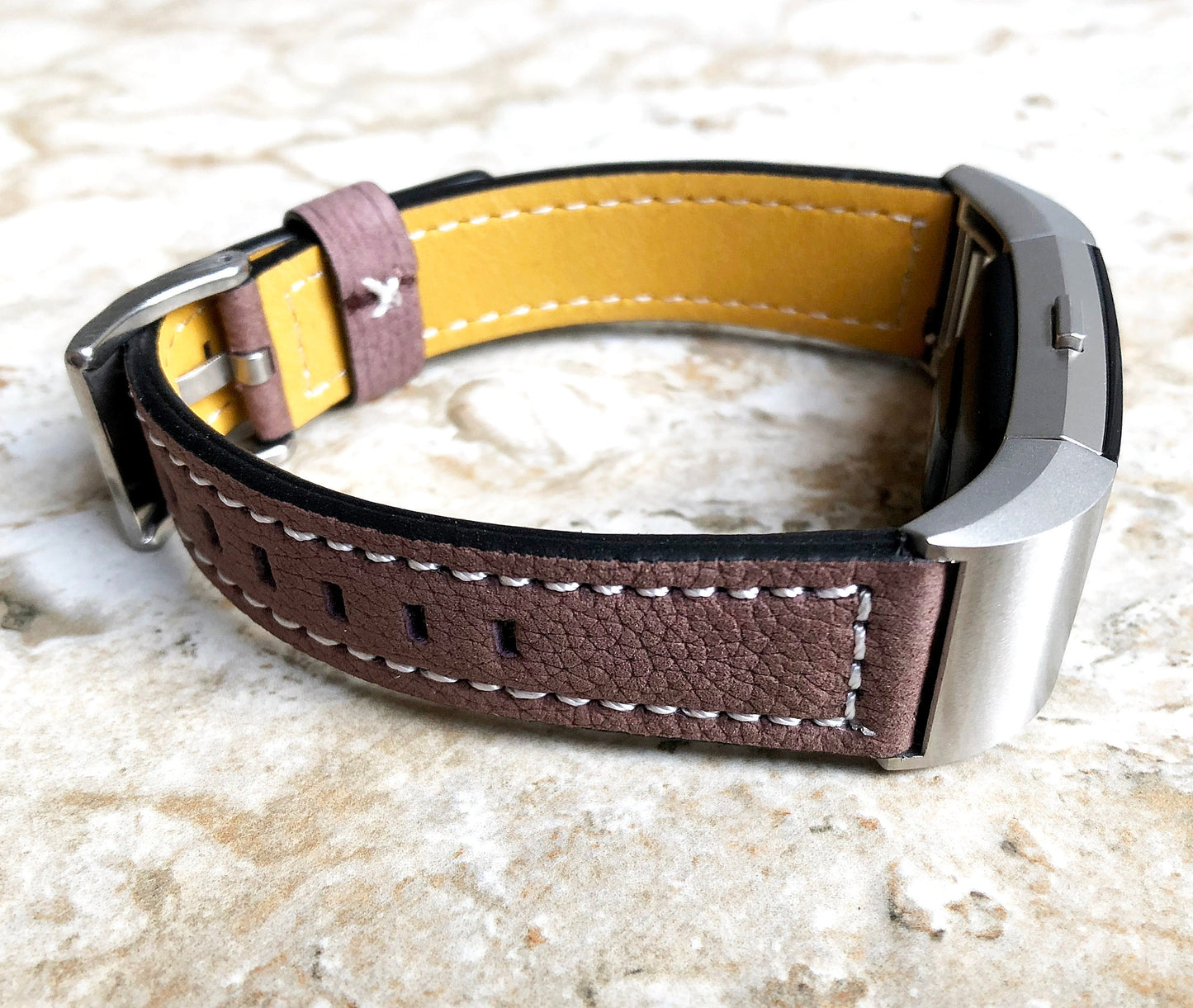 Fitbit Charge 6 5 4 3 Brown Soft Leather Band Strap for Fitness Tracker Replacement Wristband Bracelet with Stitches Adapters Quick Release