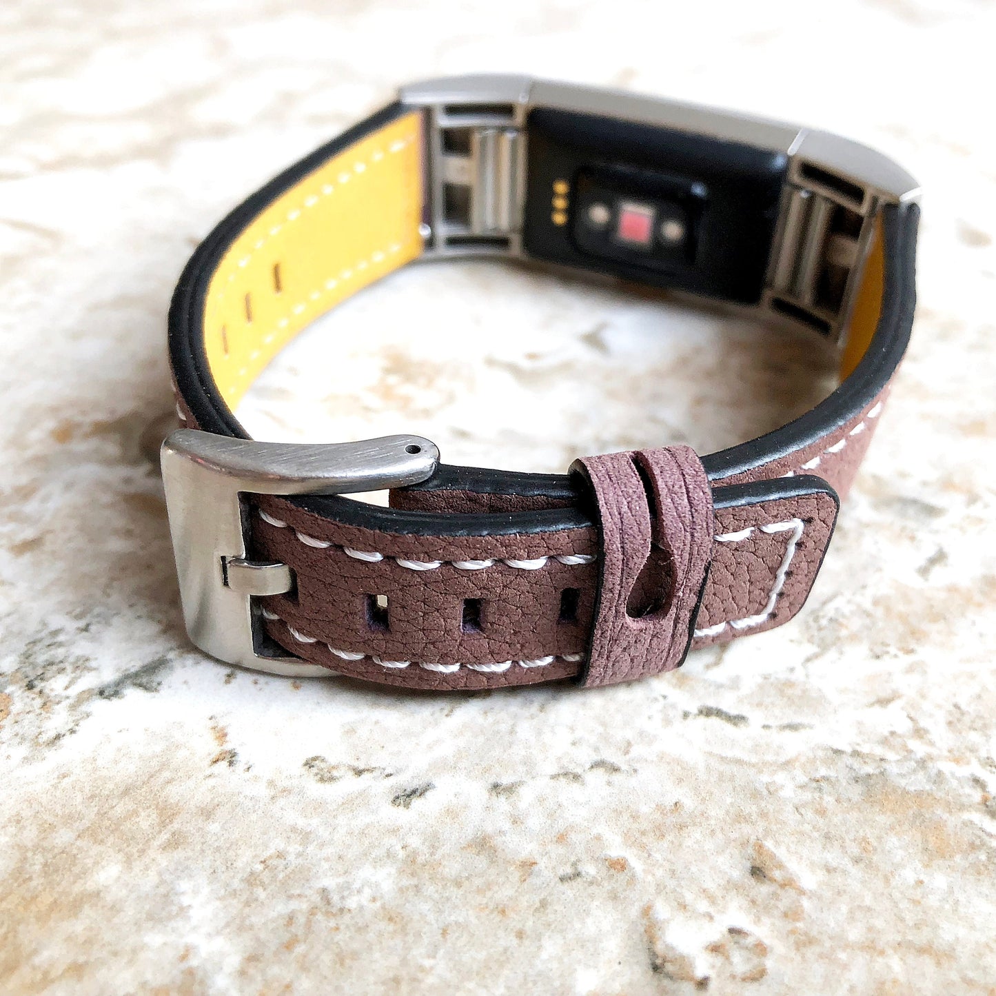Fitbit Charge 6 5 4 3 Brown Soft Leather Band Strap for Fitness Tracker Replacement Wristband Bracelet with Stitches Adapters Quick Release