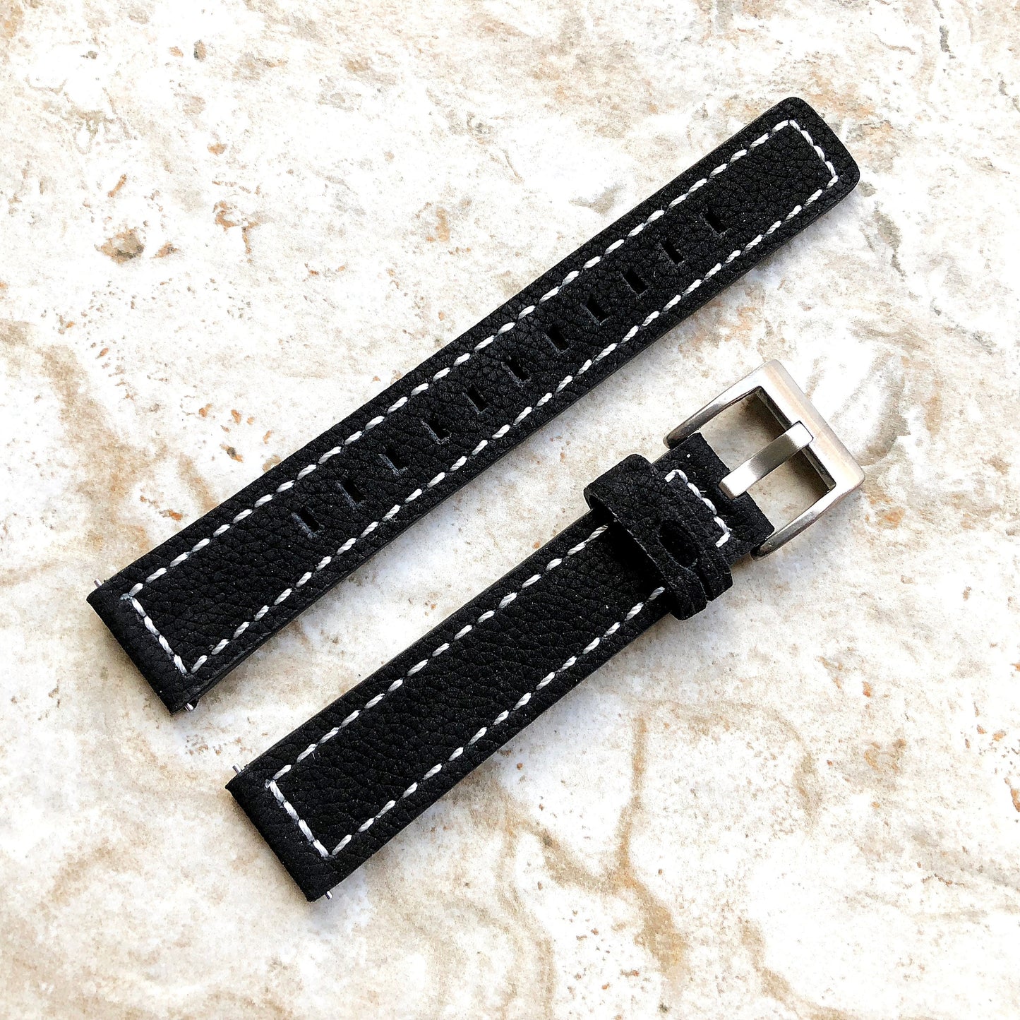 18mm Width Black Soft Leather Watch Strap Band Stitched for Wrist Hand Watches - Quick Release Pins Included Easy and Ready to Attach