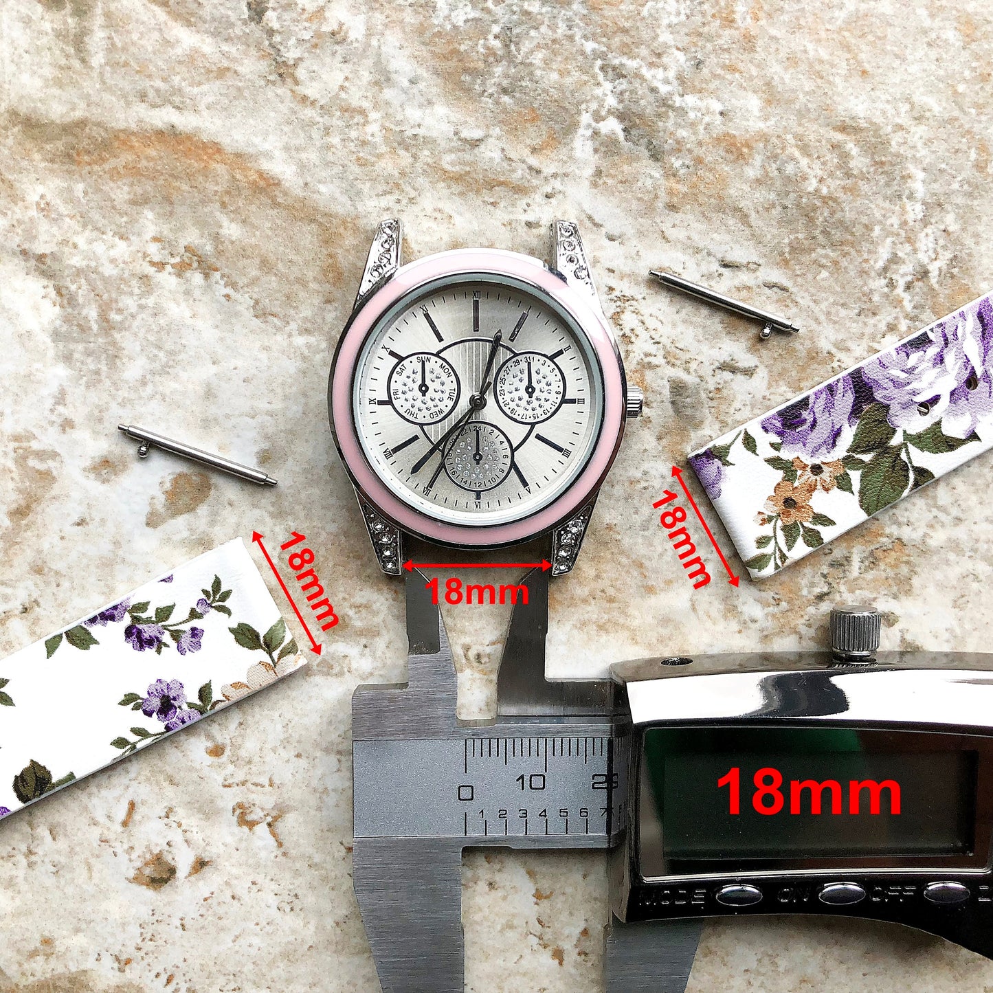 18mm Width Gray Soft Leather Watch Strap Band Stitched for Wrist Hand Watches - Quick Release Pins Included Easy and Ready to Attach