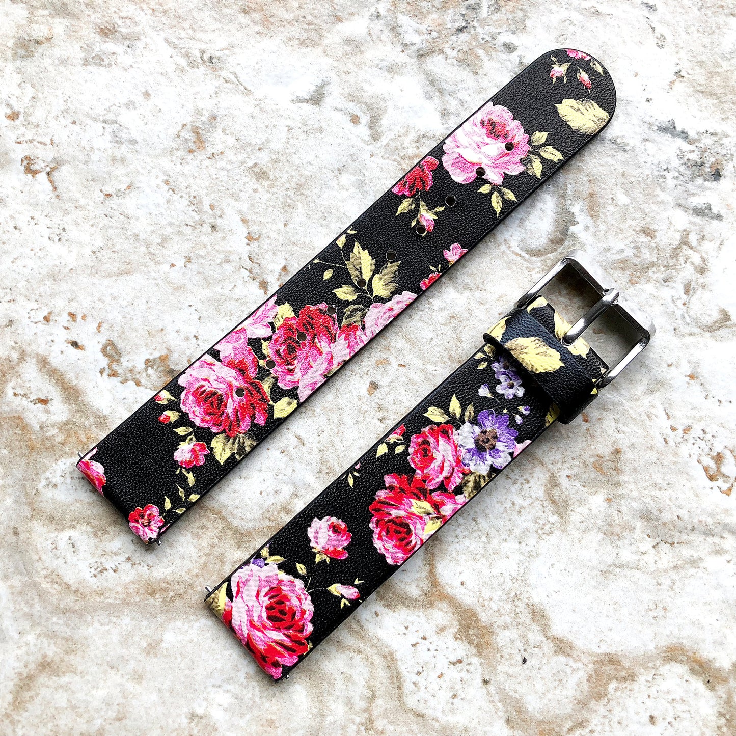 18mm Width Red Black Floral FL-5 Soft Leather Watch Strap Band for Wrist Hand Watches - Quick Release Pins Included Easy and Ready to Attach