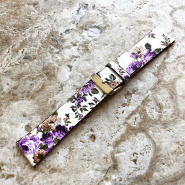 22mm Width Purple Floral FL-4 Soft Leather Watch Strap Band for Wrist Hand Watches - Quick Release Pins Included Easy and Ready to Attach