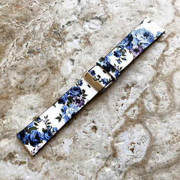 22mm Width Blue Floral FL-2 Soft Leather Watch Strap Band for Wrist Hand Watches - Quick Release Pins Included Easy and Ready to Attach