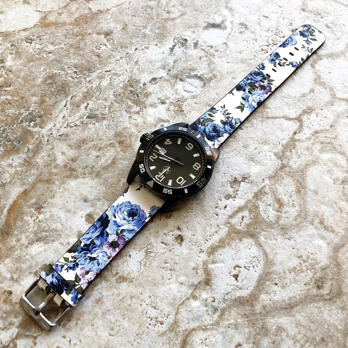 22mm Width Blue Floral FL-2 Soft Leather Watch Strap Band for Wrist Hand Watches - Quick Release Pins Included Easy and Ready to Attach