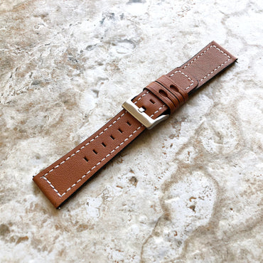 22mm Width Brown Soft Leather Watch Strap Band Stitched for Wrist Hand Watches - Quick Release Pins Included Easy and Ready to Attach