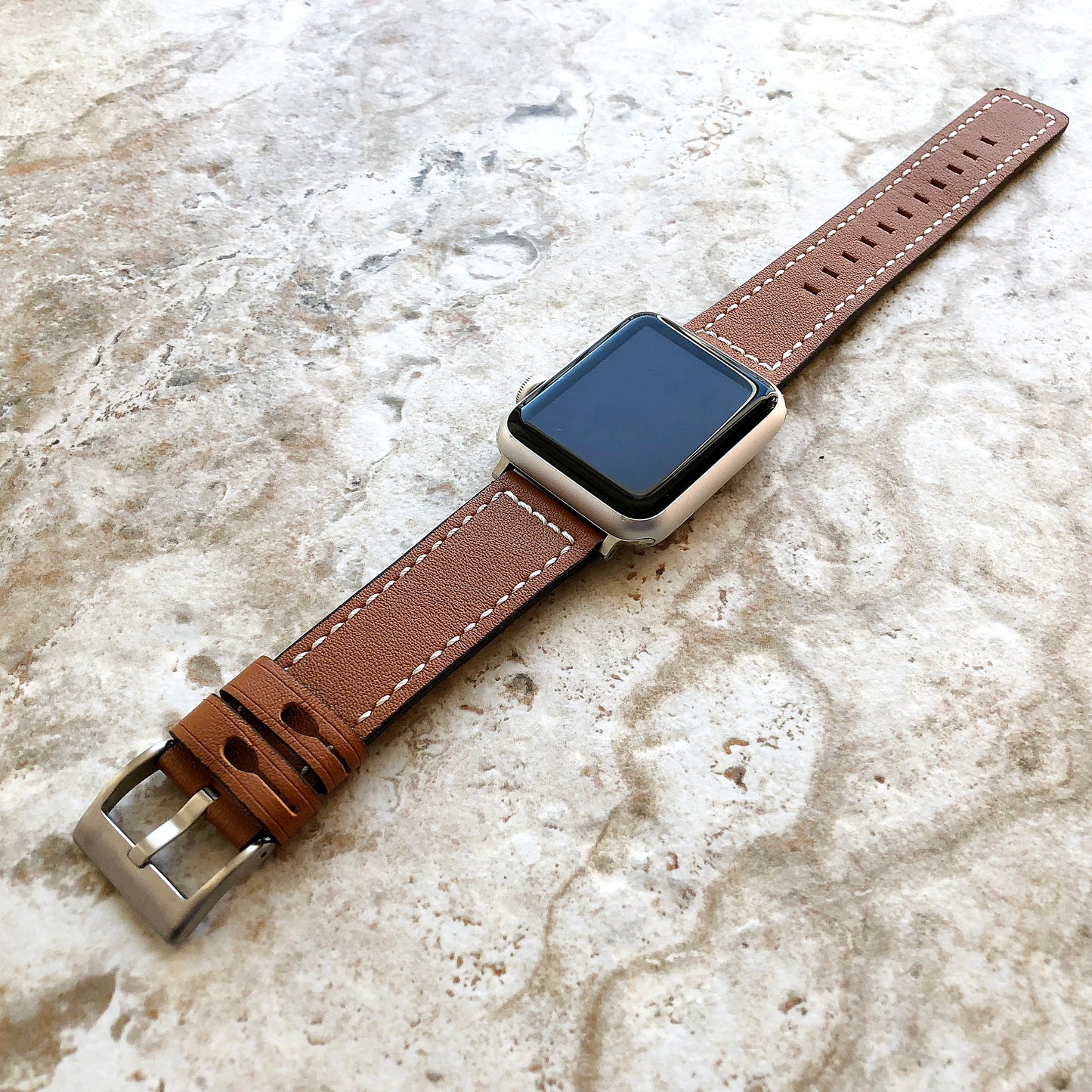 Apple Brown Color Soft Leather Band Straps with White Stitches for iWatch All Series 38mm 40mm 41mm 42mm 44mm 45mm 49mm Case Bracelet