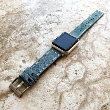 Apple Light Blue Soft Leather Band Strap with White Stitches for iWatch All Series 38mm 40mm 41mm 42mm 44mm 45mm 49mm Case Bracelet