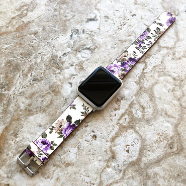 Apple Purple Floral FL-4 Soft Leather Band Strap for iWatch 38mm 40mm 41mm 42mm 44mm 45mm 49mm All Series Bracelet - Ready to Attach