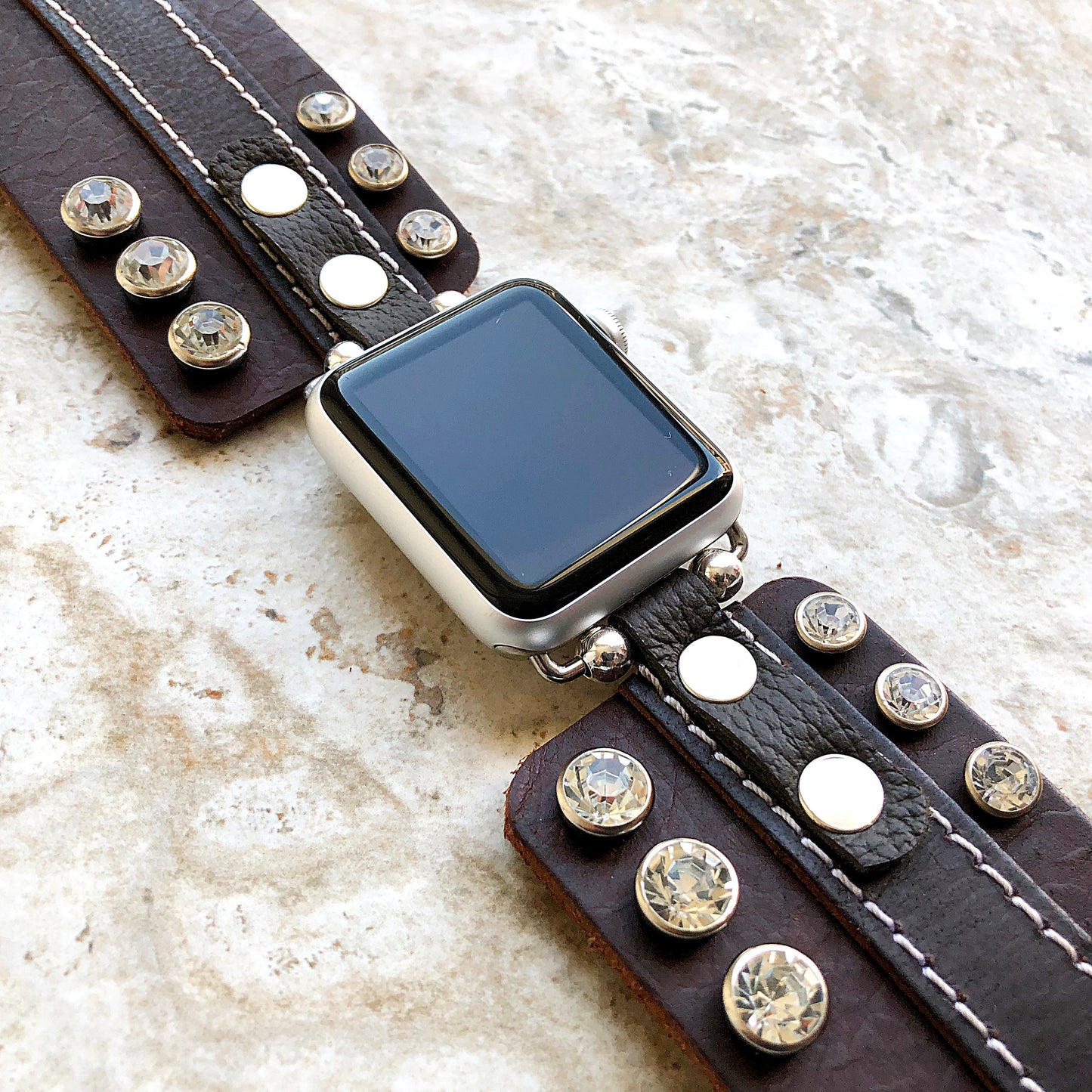 Apple Band Clear Crystals on Brown Genuine Leather for iWatch Ultra 2 and 1 49mm and 9 8 Series 41mm 45mm Case Handmade Strap Bracelet