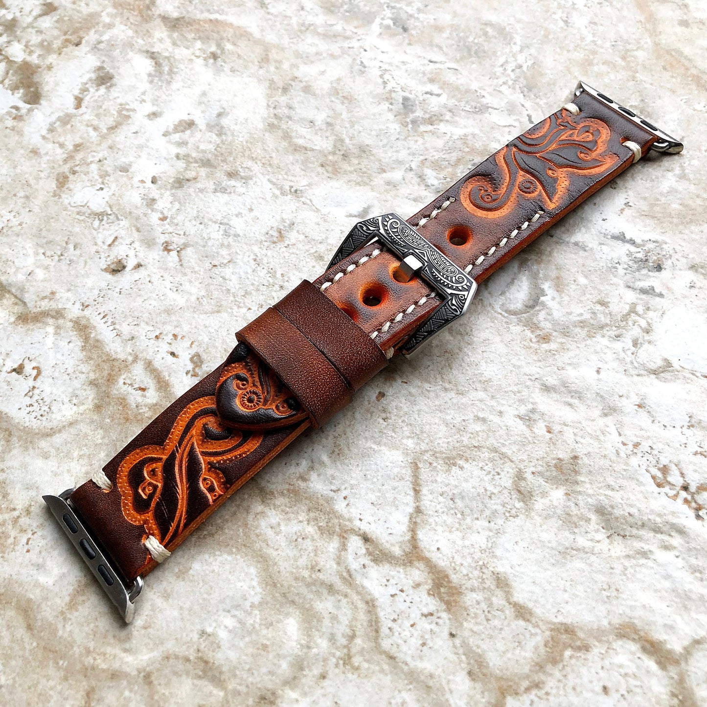Apple Watch All Series Brown Orange Tooled Band for iWatch 38mm 40mm 41mm 42mm 44mm 45mm 49mm Case Bracelet Embossed Handmade Leather Strap