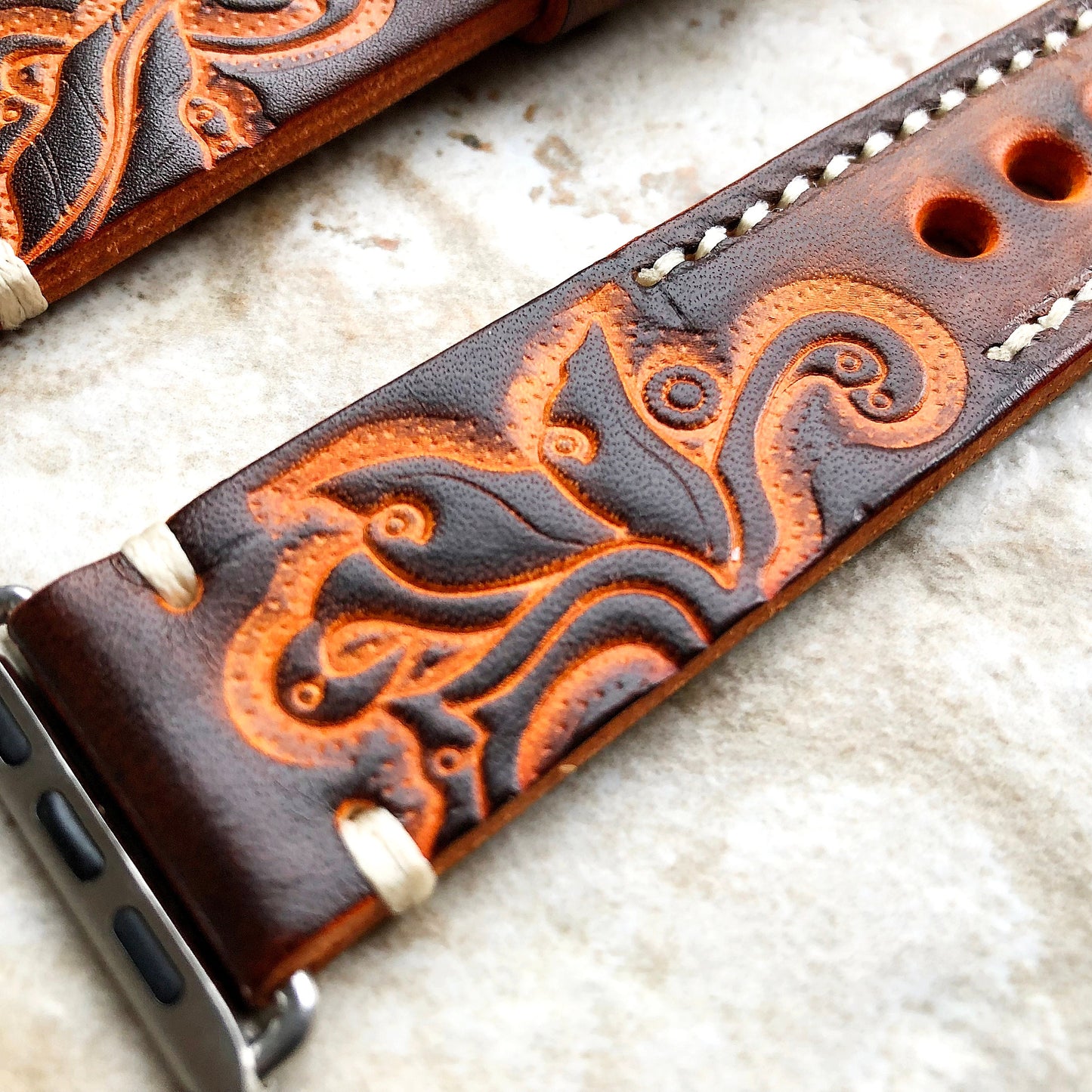 Apple Watch All Series Brown Orange Tooled Band for iWatch 38mm 40mm 41mm 42mm 44mm 45mm 49mm Case Bracelet Embossed Handmade Leather Strap
