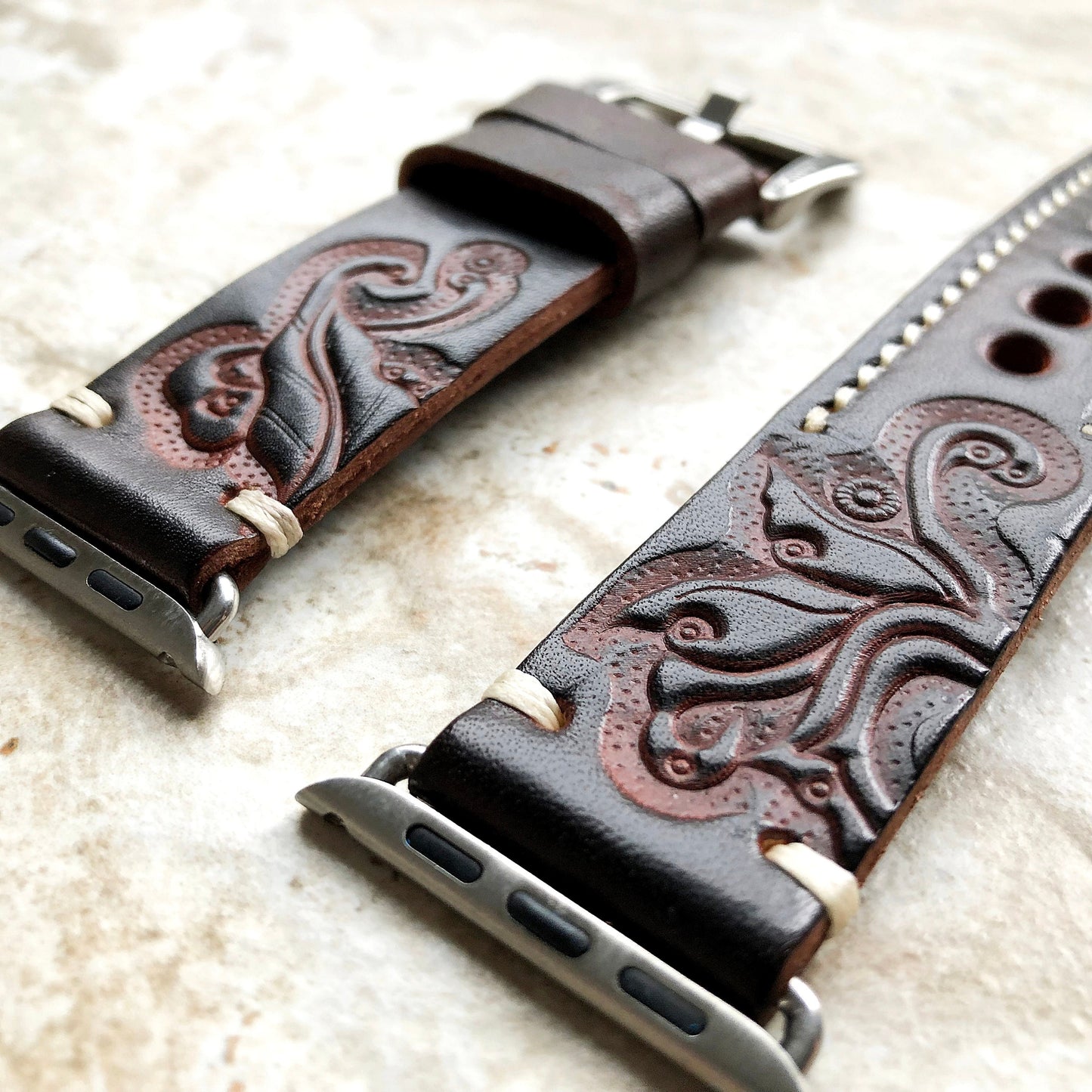 Apple Watch Dark Brown Tooled Embossed Handmade Leather Band Strap for Watch Ultra 2 9 8 7 SE 6 5 4 3 2 1 38mm 40mm 41mm 42mm 44mm 45mm 49mm
