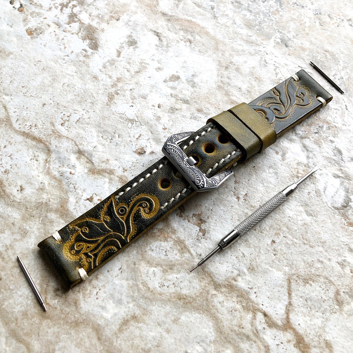 Green and Yellow 18mm 20mm 22mm 24mm Tooled Embossed Handmade Premium Leather Band Strap Bracelet Watch Kit for Watches - Pins Buckle Tool