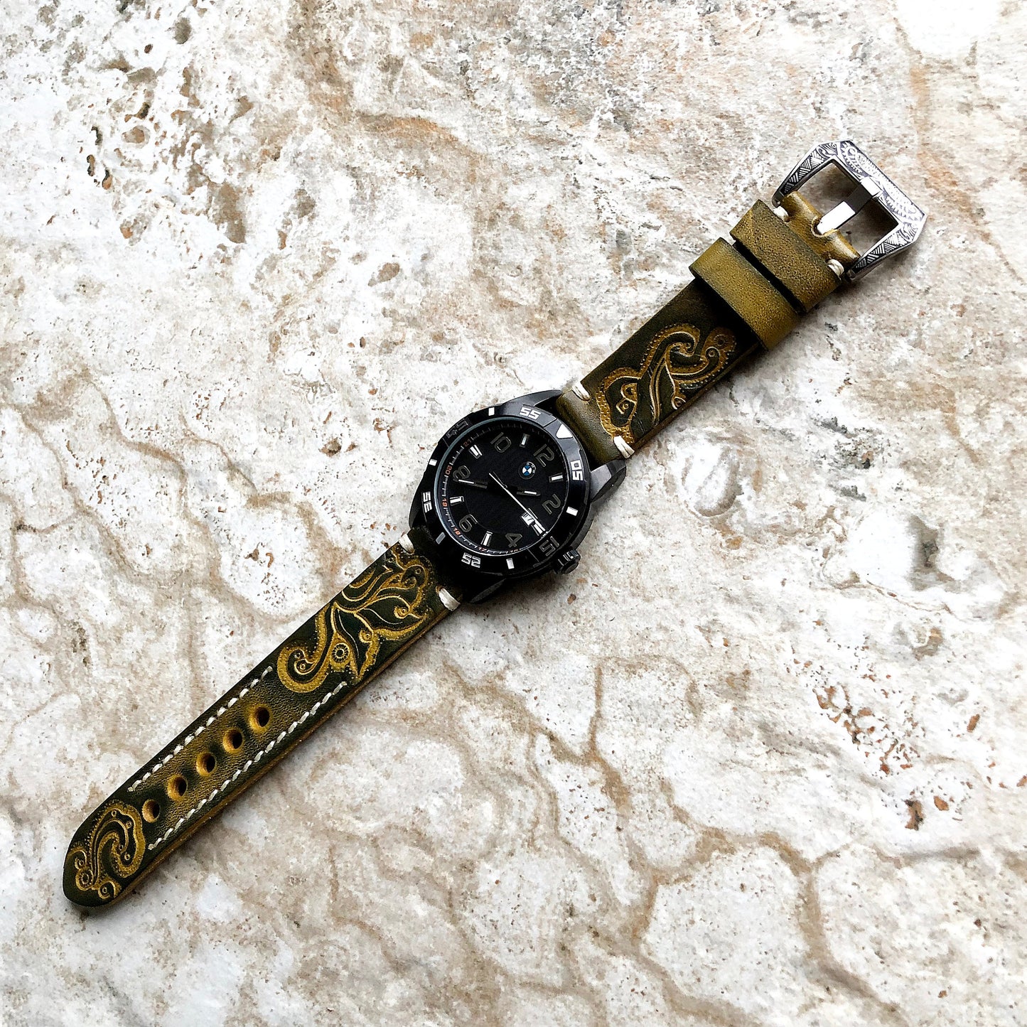 Garmin Green & Yellow Embossed Leather Band for Forerunner 745 265 255 Venu 3 2 Darth Vader First Avenger Vivoactive 4 Tooled Strap Tool B22