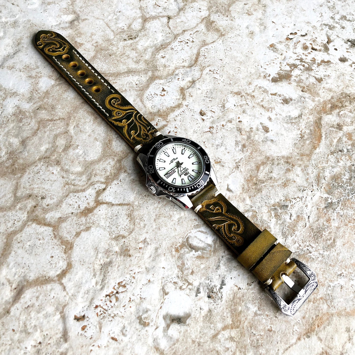 Garmin Green & Yellow Embossed Leather Band for Forerunner 745 265 255 Venu 3 2 Darth Vader First Avenger Vivoactive 4 Tooled Strap Tool B22
