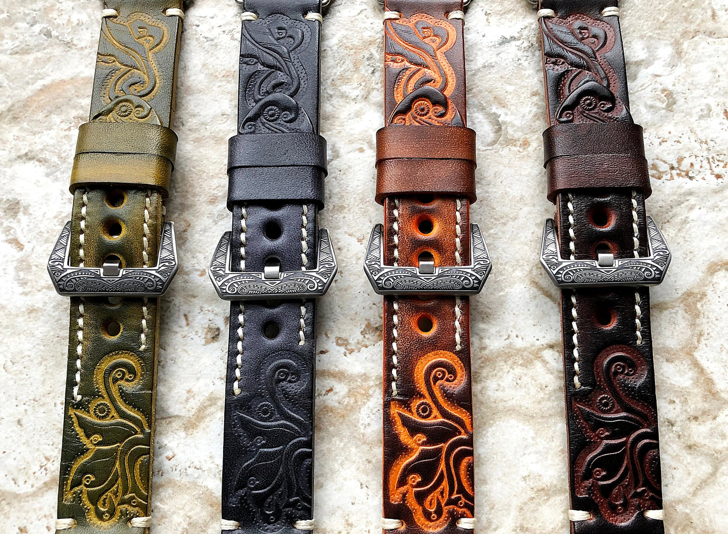 Brown & Orange Leather Band Samsung Galaxy Watch 3 Active 2 40mm 41mm 42mm 44mm Case Tooled Embossed Bracelet Wristband Strap Pins Tool B20