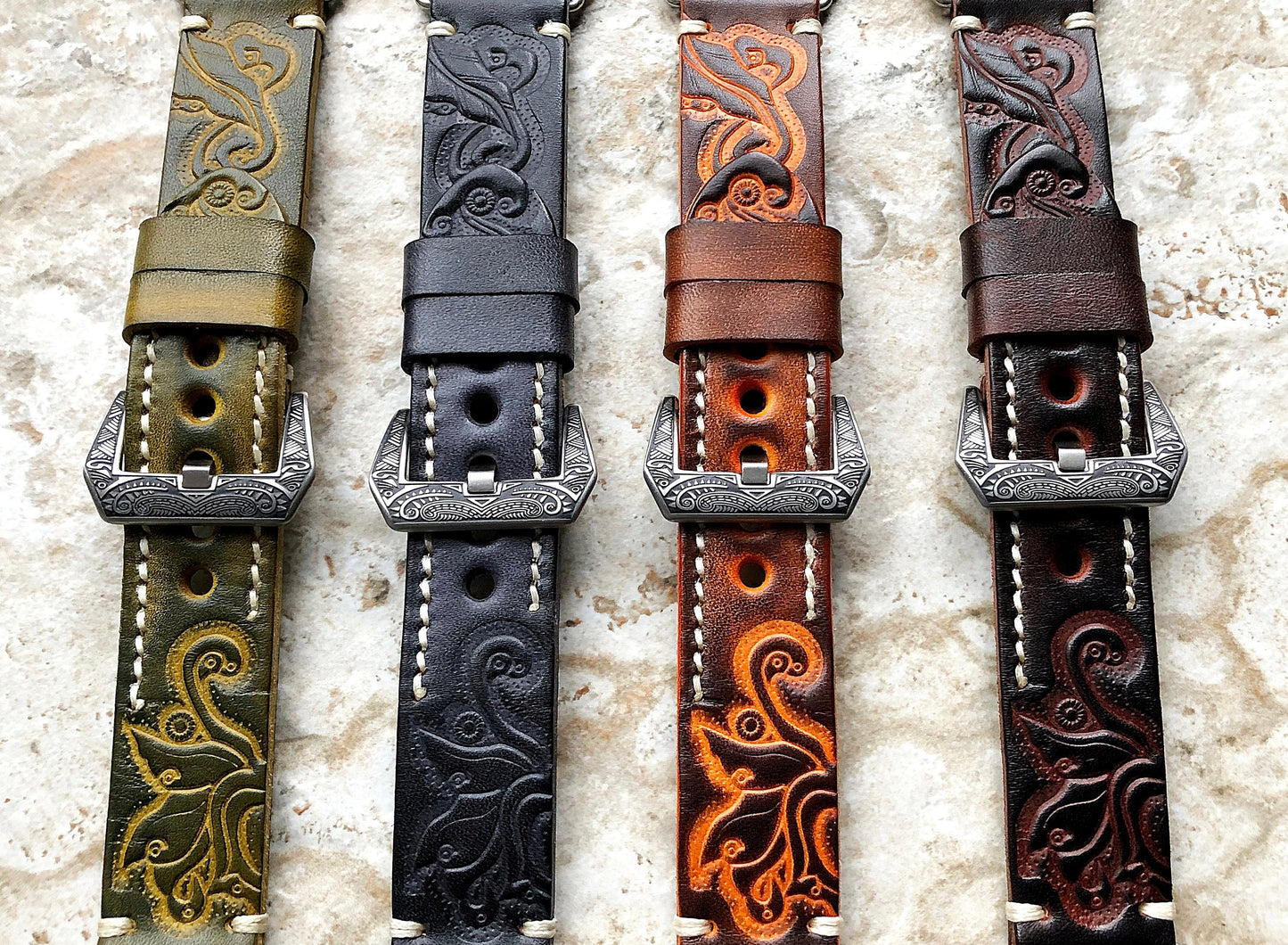 Green & Yellow Band for Samsung Watch 7 6 5 4 40mm 44 45mm Classic 42mm 43 46mm 47mm Embossed Leather Bracelet Wristband Strap Pins Tool B20