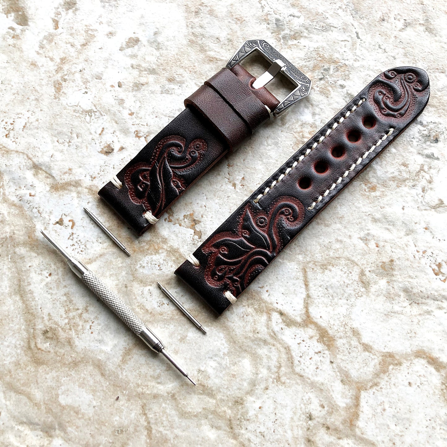 Dark Brown Leather Band for Samsung Galaxy Watch 3 Active 2 40mm 41mm 42mm 44mm Case Tooled Embossed Bracelet Wristband Strap Pins Tool B20