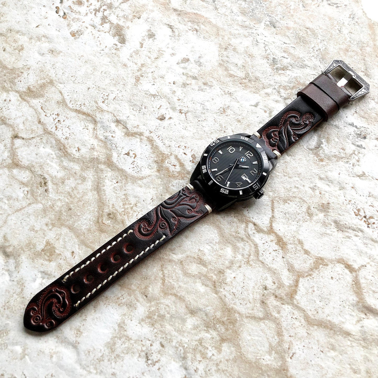 22mm Dark Brown 18mm 20mm 24mm Tooled Embossed Handmade Premium Leather Band Strap Bracelet Watch Kit for Watches - Pins Buckle Tool