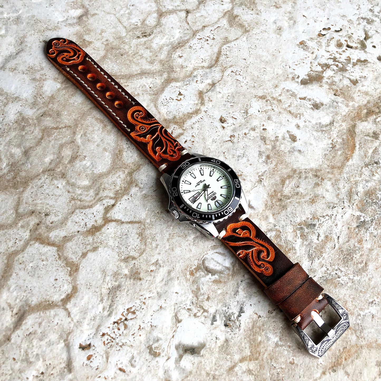 Garmin Brown Orange Band for Vivoactive 5 3 and Music (Verizon) too Tooled Embossed Handmade Premium Leather Bracelet Pins Buckle Tool B20