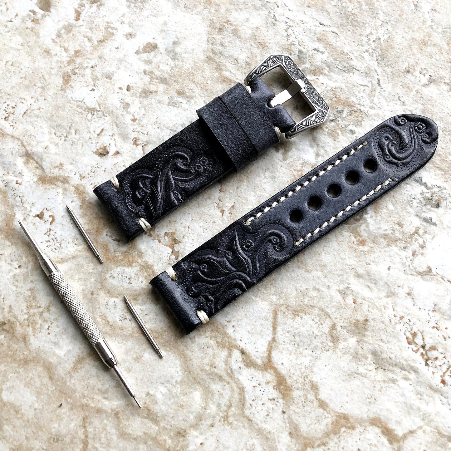 Black and Gray Leather Band for Samsung Galaxy Watch 3 45mm 46mm Gear S3 Frontier and Classic Tooled Embossed Bracelet Strap Pins Tool B22