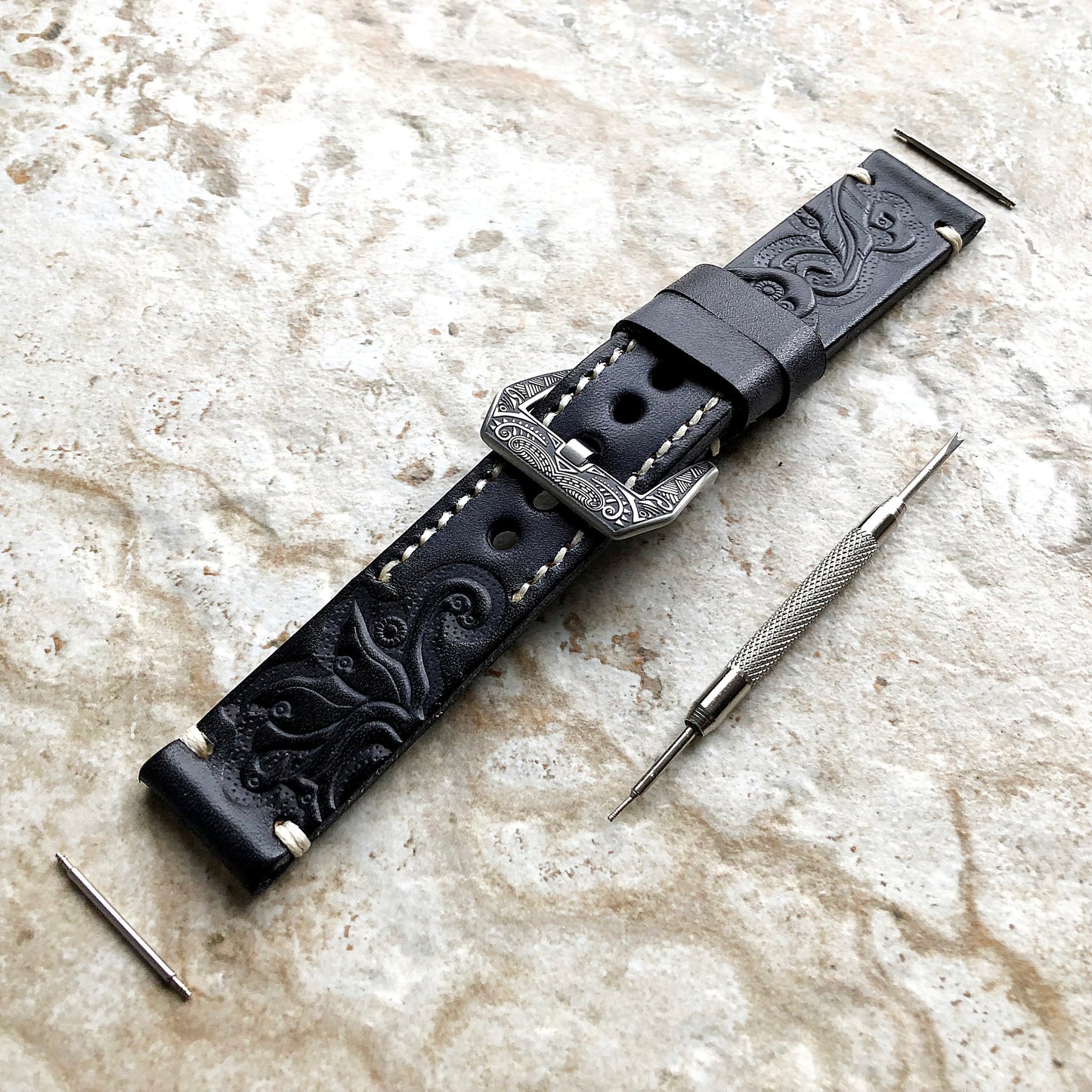 Black and Gray Leather Band Samsung Galaxy Watch 3 Active 2 40mm 41mm 42mm 44mm Case Tooled Embossed Bracelet Wristband Strap Pins Tool B20