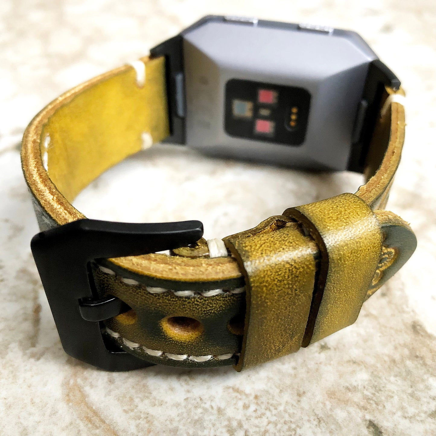 Fitbit Ionic Green Yellow Tooled Embossed Handmade Leather Bracelet for Watch Band Strap with Quick Release Adapters Silver Rose Gold Black