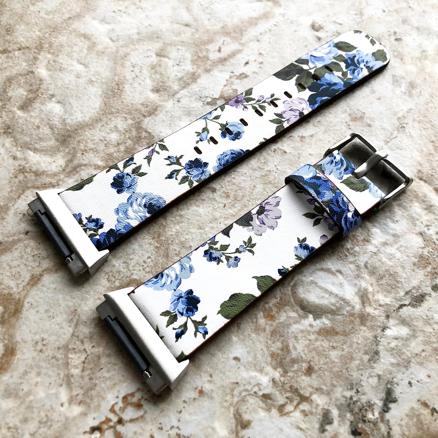 Fitbit Ionic Blue Floral FL-2 Soft Leather Band Strap for Watch Band Strap with Quick Release Adapters in Silver Rose Gold Black